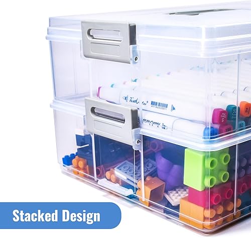 Miniatura 6 de AZAZA Caja de almacenamiento de plástico de 2 capas con tapa y asa, caja de archivos transparente portátil para organizar fotos, papel A4,