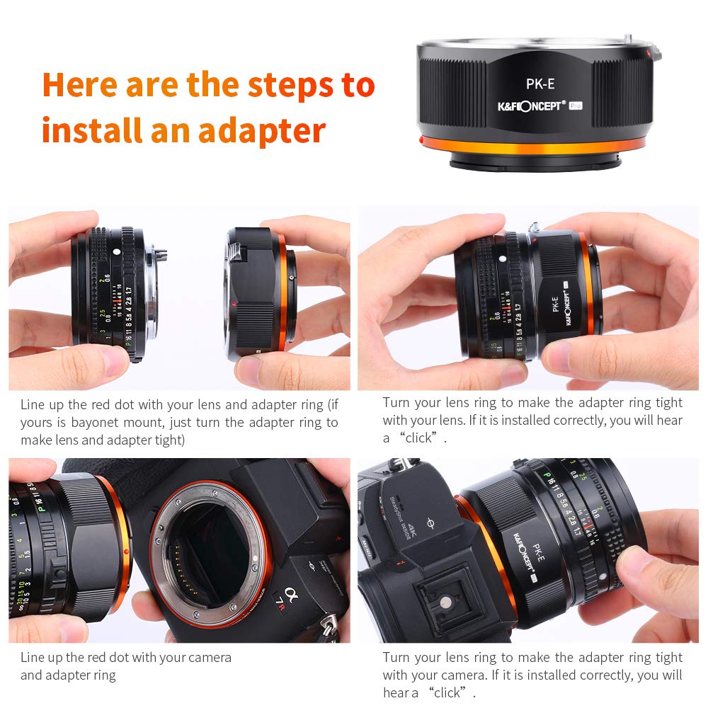 K&F CONCEPT M17105 PK-NEX Hochpräziser Adapterring Objektivadapter für Pentax PK K Mount Objektiv auf Sony NEX Alpha E-Mount Kamera