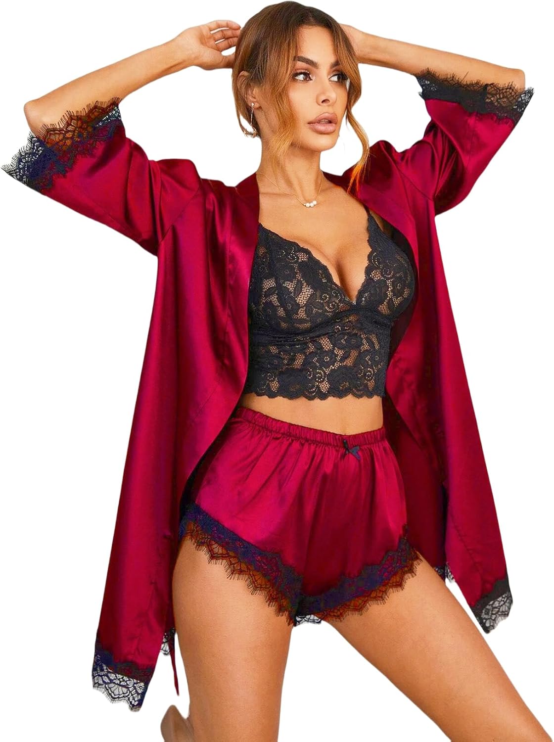 Womens Silk Pajamas Robes Set 4PACKS Sexy Pjs Cami Shorts Satin Sleepwear Lace Loungewear (US, Alpha, Small, Regular, Regular, Wine Red) - Image 5
