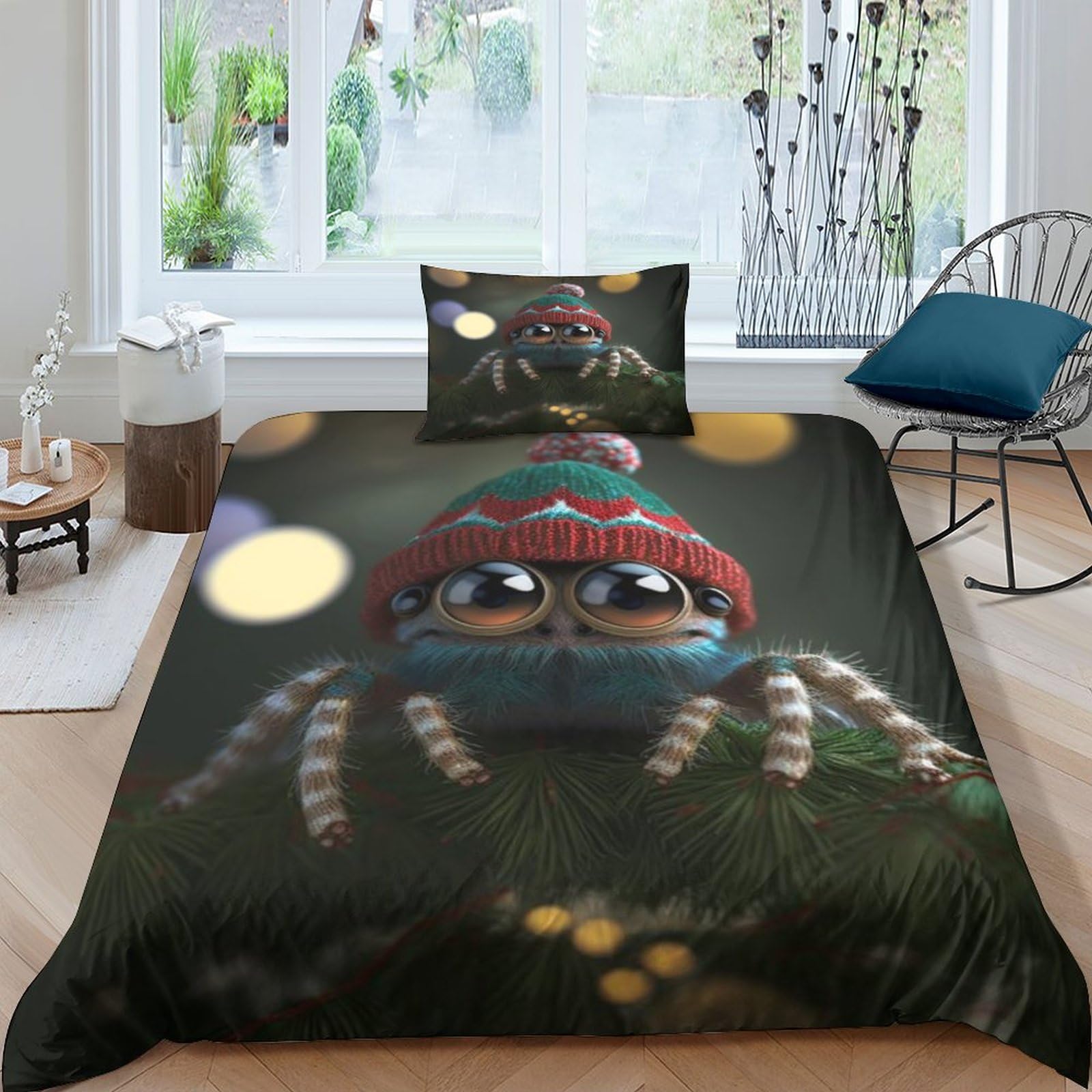 Aaharya Cute Jumping Spider Bedding Set Soft Microfiber Easy Care Cartoon Spider Duvet Cover With A Sense Of 3D Print 3Pcs Set，Hidden Zipper Quilt Cover And Pillowcase Single（135X200cm）