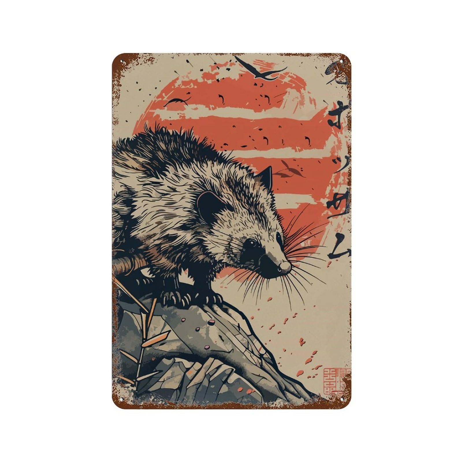 Vintage Japanese Opossum Rusty Metal Tin Sign 11.8"x7.9", Old School Wall Decor for Garage, Pub Or Kitchen
