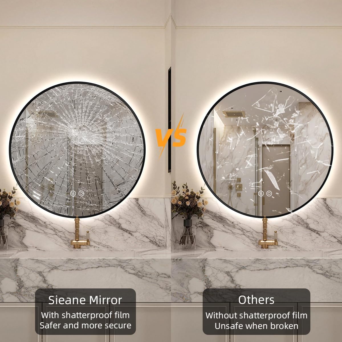 32" H x 32" W Black Framed Round LED Backlit Mirror for Bathroom, Smart Circle Mirror with 3 Colors, Dimmable Lighted Mirror with Anti-Fog, IP65 Waterproof, CRI 90+, UL-Listed