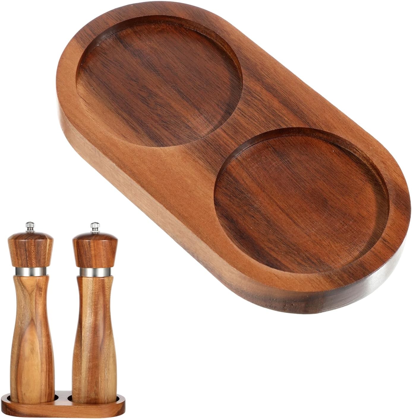 JJUNW Salt and Pepper Grinder Mill Tray, Acacia Wood Tray, Pepper Mill Holder & Rest (Inner Dia 2.5 Inch) Fit Many Mills & Shakers Grinder Accessories