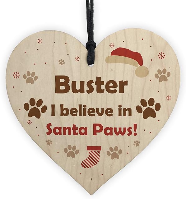 RED OCEAN Pets First Christmas Bauble Decoration Wood Heart Santa Paws Dog Tree Decoration