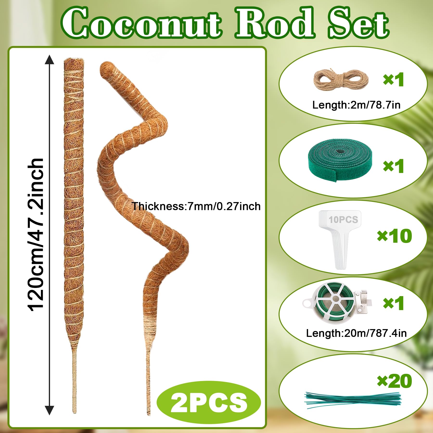 YeahBoom 2 Pezzi Bastone di Muschio,120cm Palo Cocco Piante Sostegno,Larghezza 7 mm Palo Cocco Sostegno Piante Supporti,Supporti per Pieghevoli Fibra