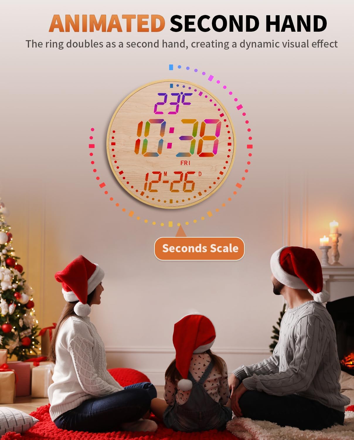 12" Large Digital Wall Mount Clock, Count Down Timer, Alarm, Big LED, 12 RGB Color, Temperature for Living Room Classroom Desk (Bamboo Elements)