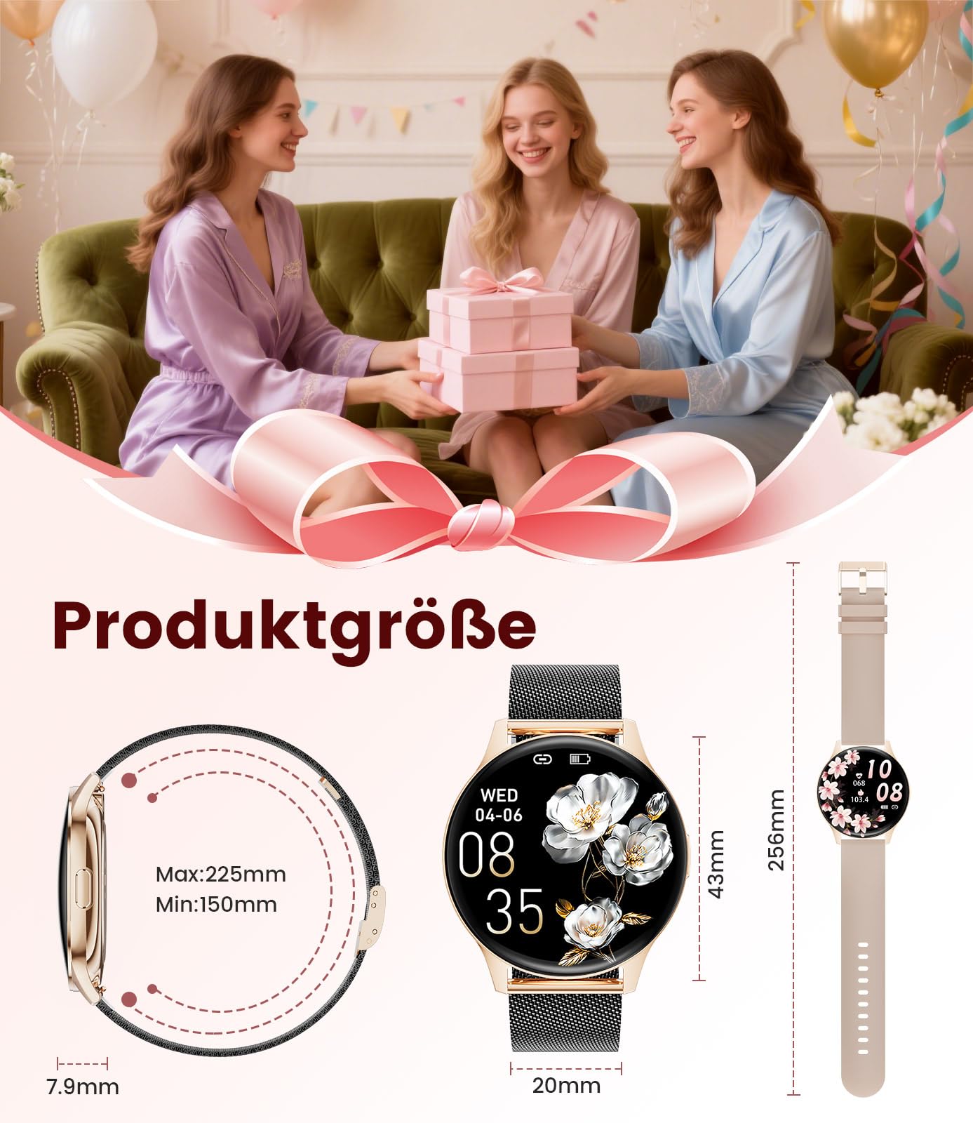 Montre Connectée Femme 2026 avec Appels - 7,99 mm Smartwatch Élégante Ultra-Mince avec Écran HD Always-On 1,43 pouces, IP67 Étanche, 100+ Modes Sport, Santé Féminine pour iOS Android, Or Noir