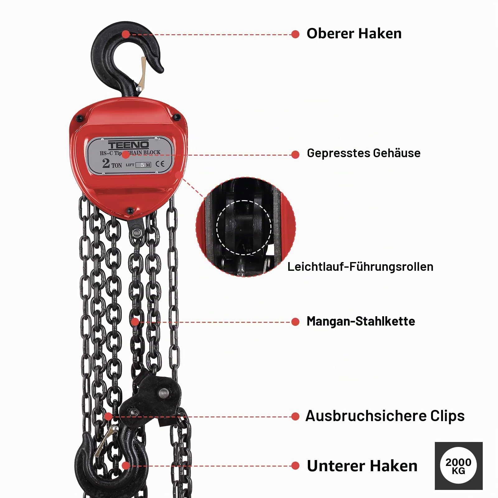 TEENO Flaschenzug 2T Tragkraft 5 m Hubhöhe 360° drehbarer Haken G80-Stahlkette