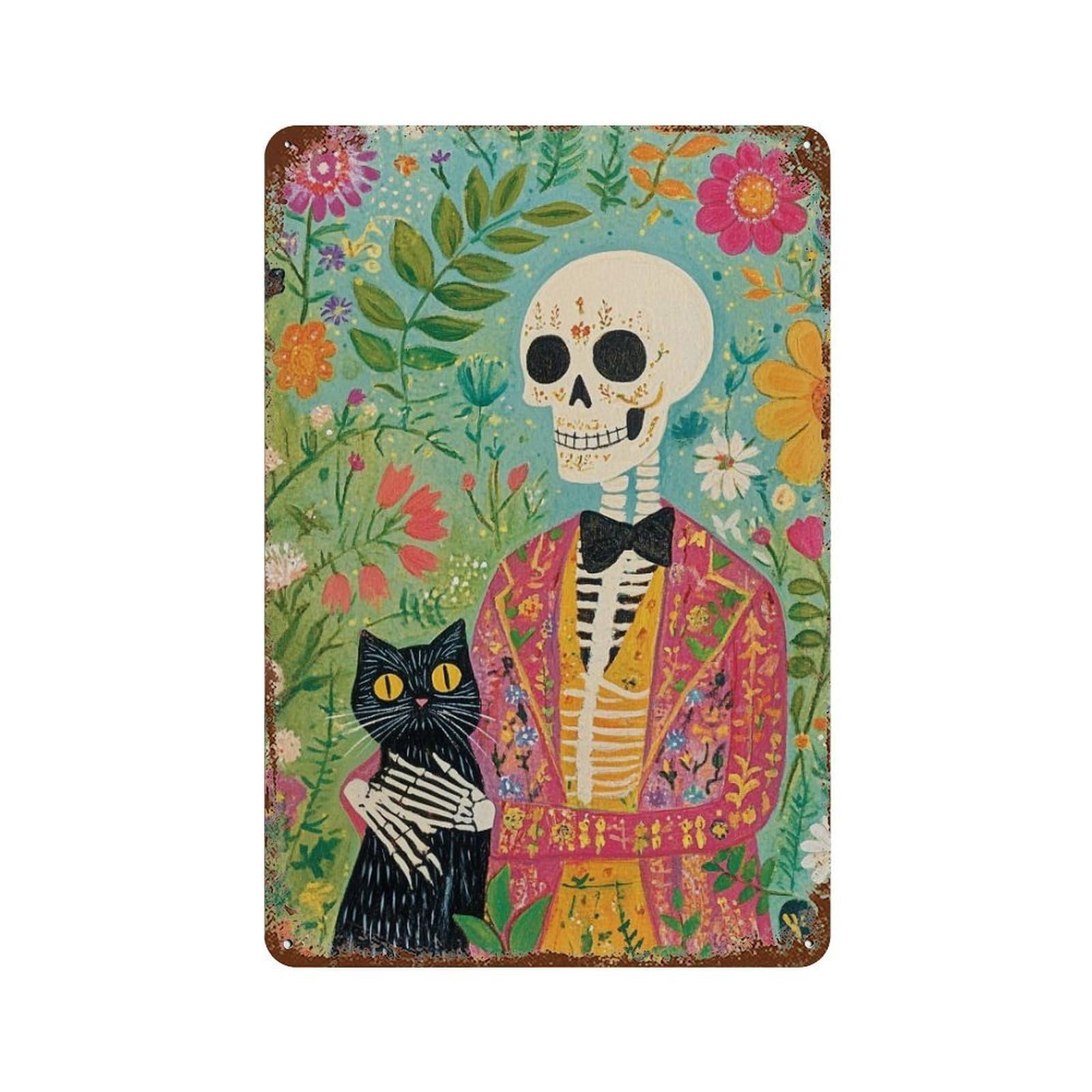 Day of The Dead Skeleton Art Print-1 Weathered Tin Sign 11.8"x7.9", Rustic Home Decor for Garage, Pub Or Kitchen