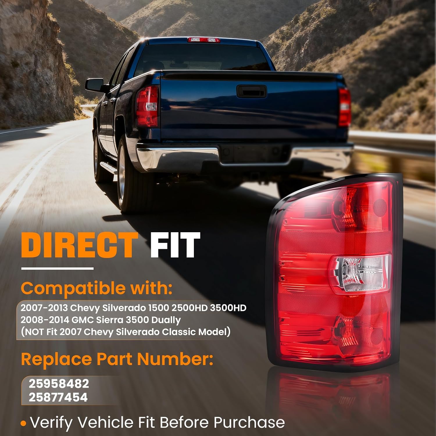 Tail Light Assembly Compatible with 2007-2013 Chevy Silverado 1500 2500HD 3500HD, Rear Taillight Brake Turn Signal with Bulbs, Replaces 25958482 25877454 (Left Driver Side)