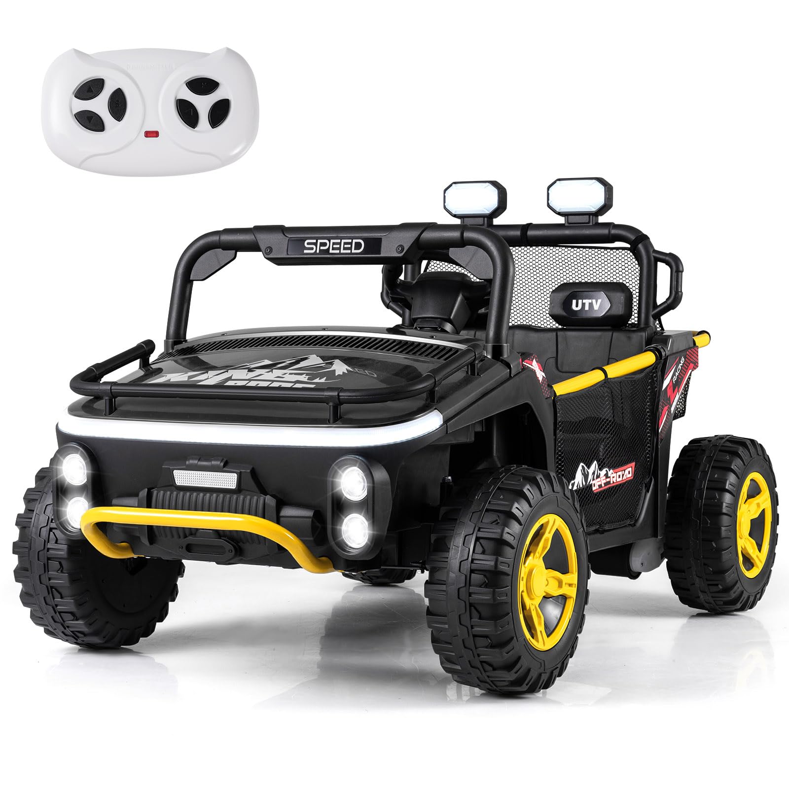 COSTWAY 24V Voiture Électrique Enfant 2 Places avec Télécommande 2,4G, Buggy Électrique Enfant avec Musique Klaxon Lumières LED, Démarrage Progressif, 3,5-6,5 km/h, Charge 40kg pour 3-7 Ans (Noir)