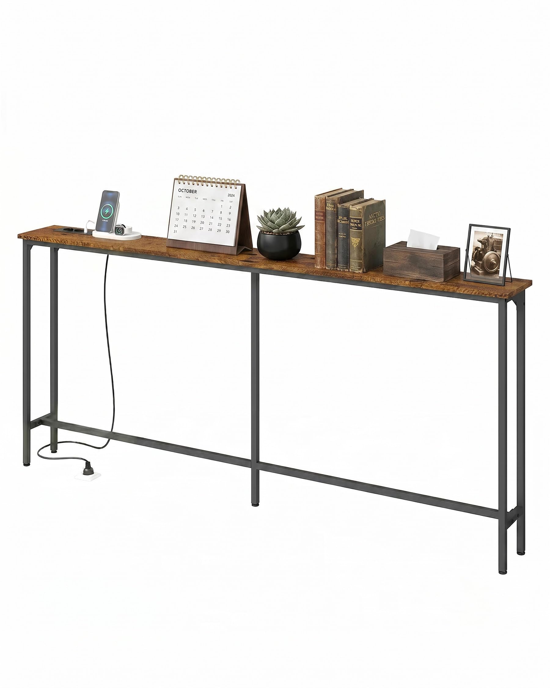 Consola Recibidor Madera 20 cm Fondo, Recibidores de Entrada, Mueble Recibidor Entrada, Mesa Alta de Estilo Industrial con 2 enchufes y 2 interfaces USB