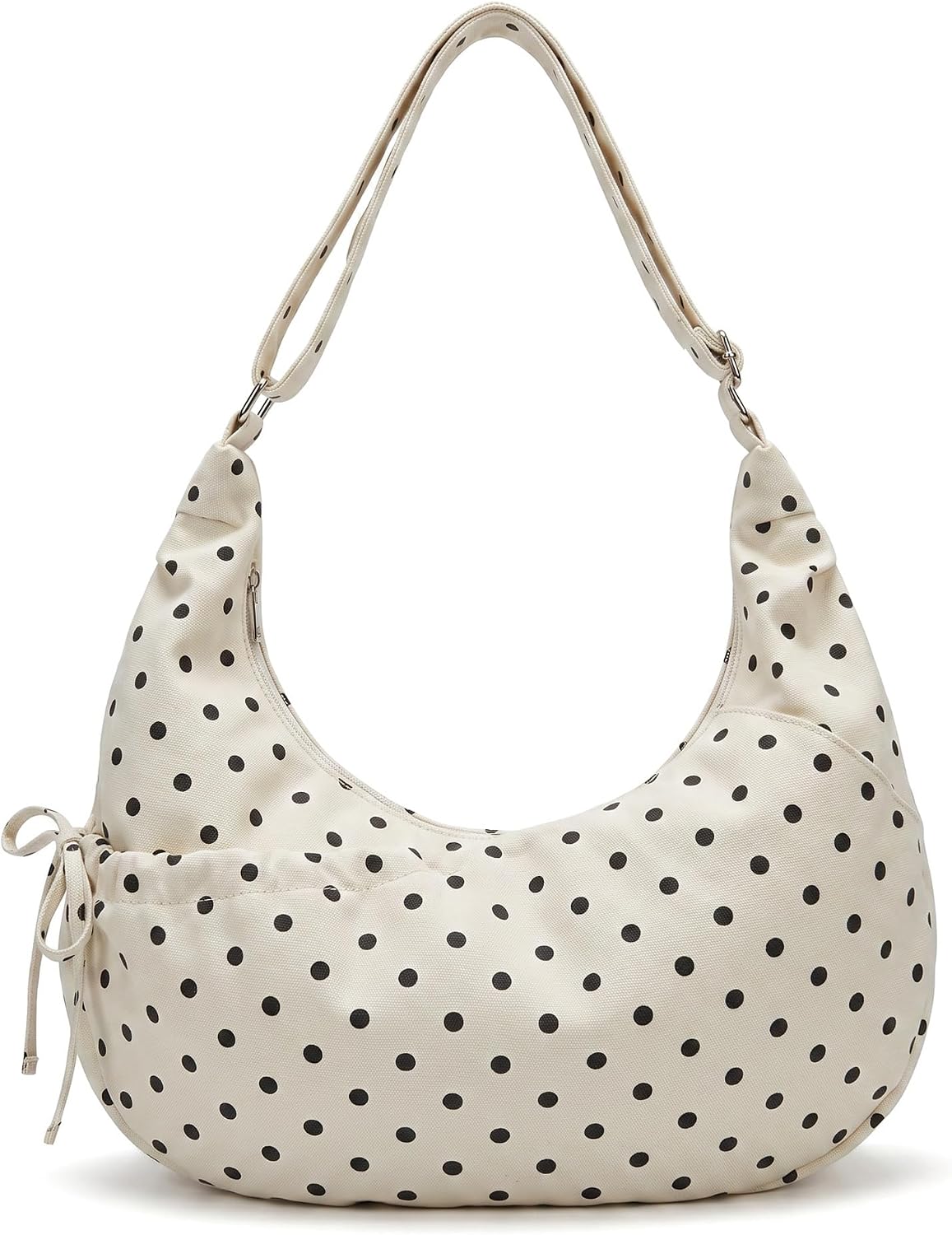 Polka Dot Crescent Shoulder Bag, Red and White, Adjustable Strap, Zipper Closure, Casual Hobo Style