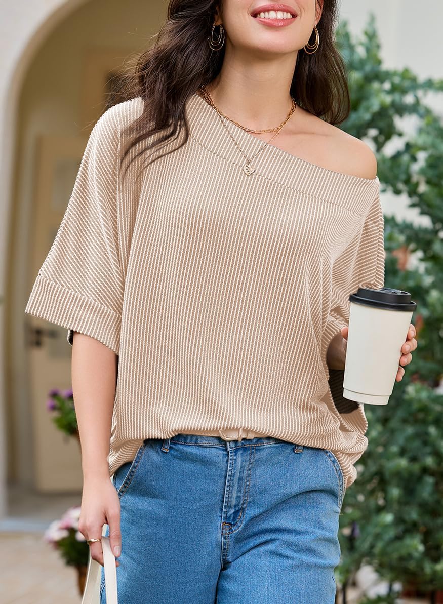EVALESS Sexy Off The Shoulder Tops for Women 3/4 Length Sleeve Womens Tops Spring Summer 2026 Boat Neck One Shoulder Shirts - Image 4