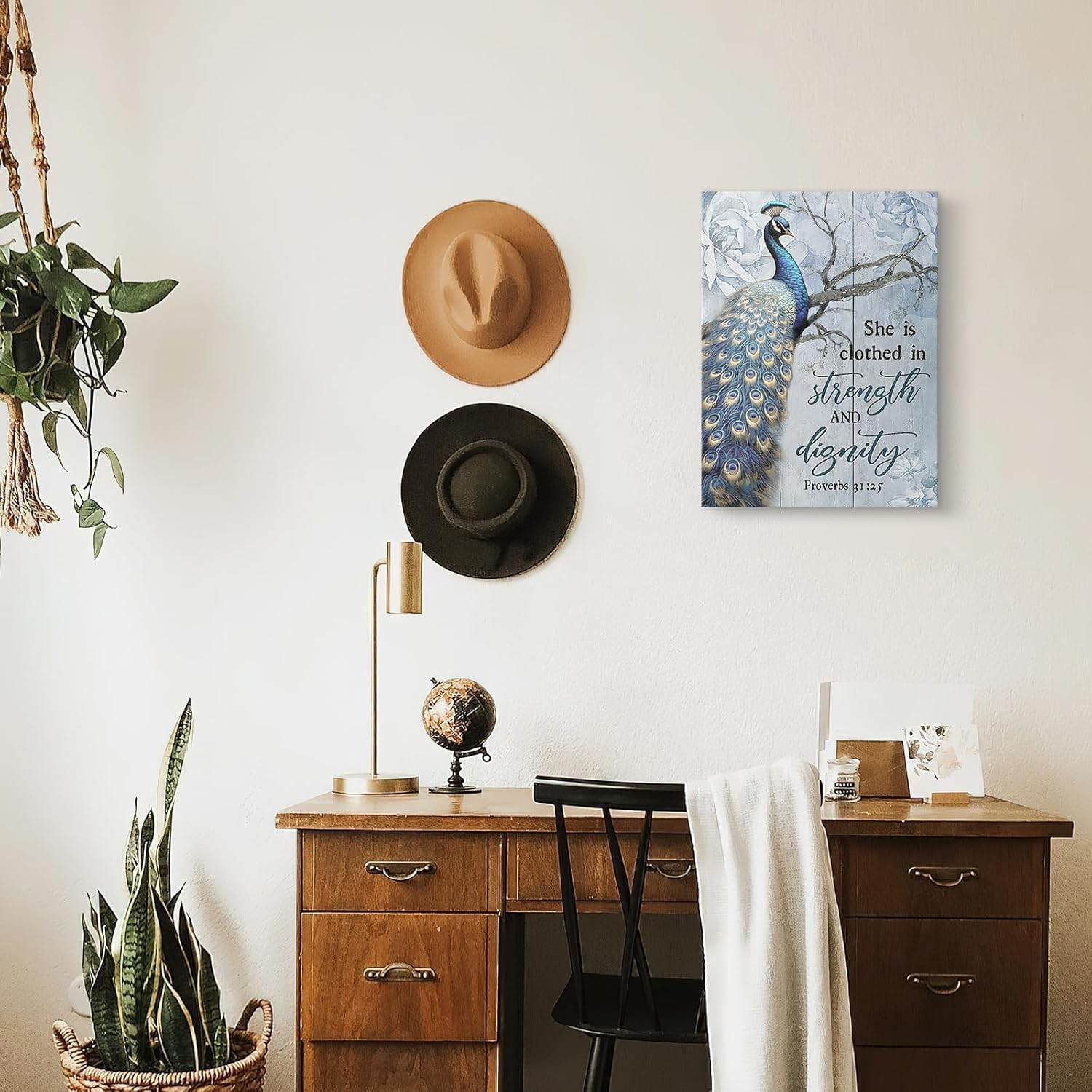 Luslya Peacock Canvas Wall Art Peacock Picture Wall Decor Framed Bible Verse Inspirational Quotes Posters Home for Living Room Bedroom Bathroom Decoration 12x16 inch