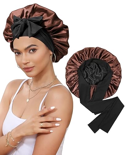 Miniatura 8 de Gorro de satén de seda para dormir, gorro de seda de doble capa con banda elástica para cabello rizado, Negro + rojo