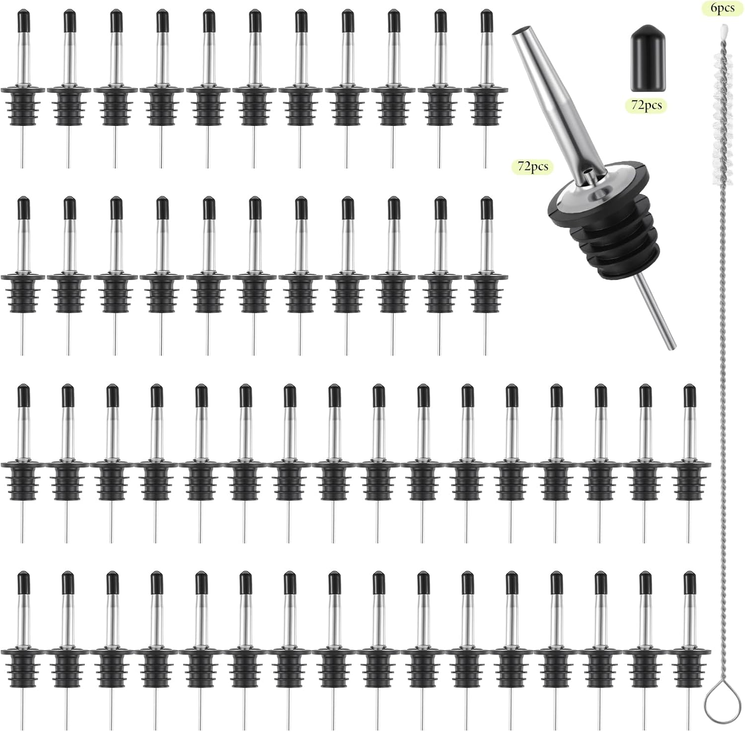 72 PCS Liquor Bottle Pourers, Anti-Rust Speed Pourers Bulk Stainless Steel Bottle Pourer for Bottles Neck of 0.78-1.18 Inches with Cap and 6 PCS Long Brushes for Oil, Juice and Wine Bottles