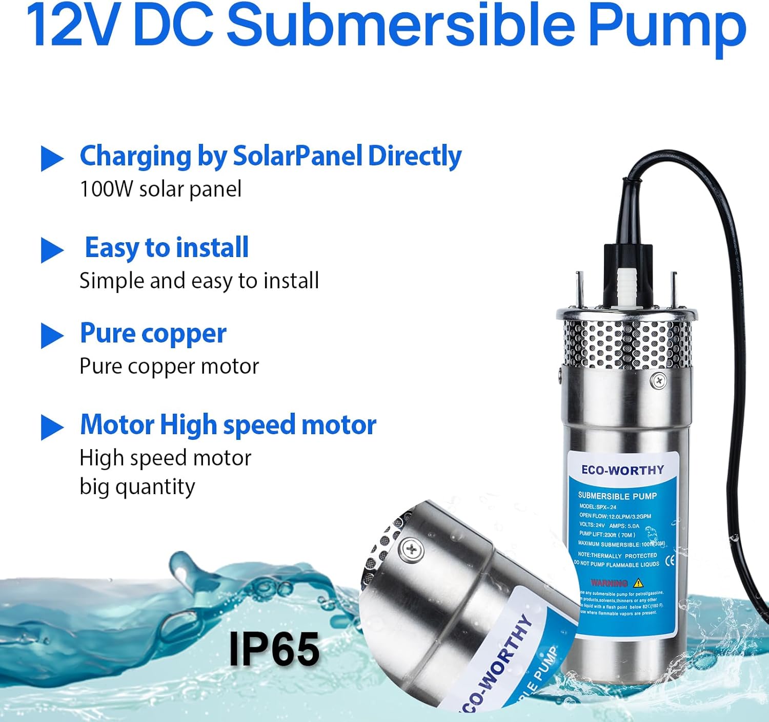 ECO-WORTHY 12V DC Submersible Deep Well Pump, MAX Flow 3.2GPM, Max Head 230ft, Water Pump Powered by Solar or Battery for Well, Livestock Drinking or Tank Filling…