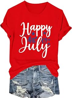 Camiseta de manga corta de algodón con cuello redondo y estampado divertido para el Día de la Independencia para mujer
