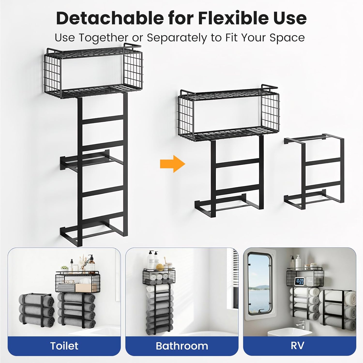 Vatex Towel Racks for Bathroom Wall Mounted, 4-Tier Bathroom Towel Rack with Shelf and Basket, Hold 6 Large Rolled Towels, 32-Inch Heavy Duty Towel Storage for Bathroom, RV, Black