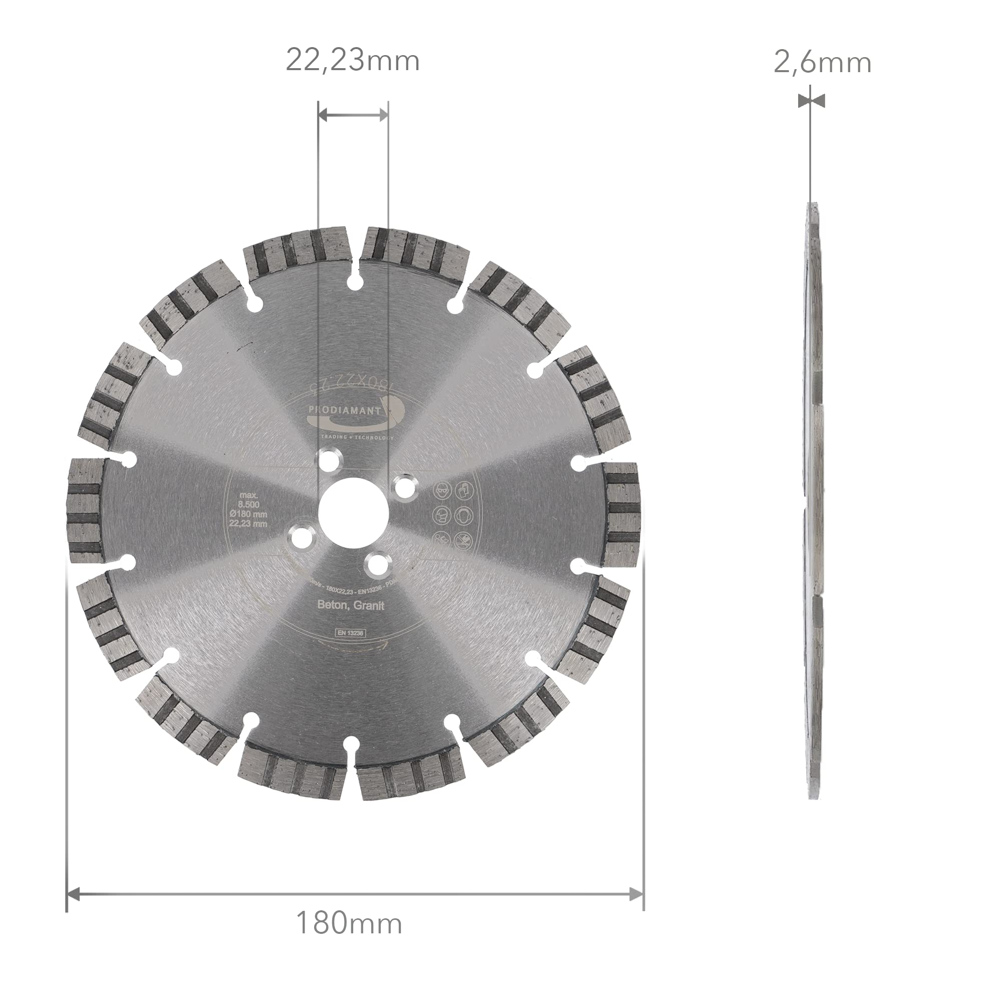PRODIAMANT LAMELLO Disco diamantado 180 mm x 22,23 mm - con 4 orificios secundarios, para fresar ventanas en hormigón, compatible con el sistema Lamello.