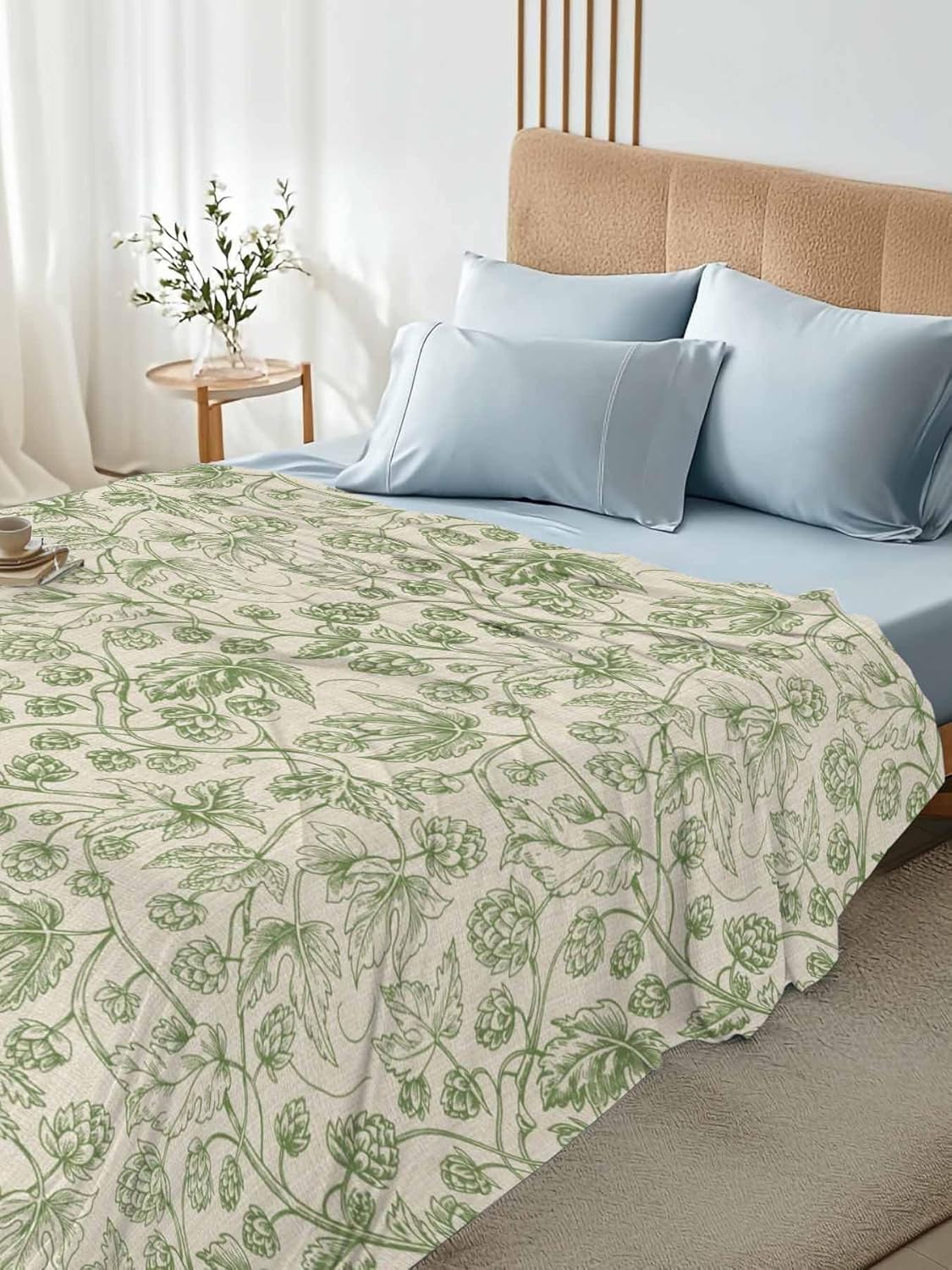 Top Sheet Queen Bedding Flat Sheet Only, Vintage Sage Green Botanical Microfiber Bed Sheets Soft Breathable Bedding Flat Sheets, Ombre Leaves Retro Linen Hotel Luxury Top Sheets