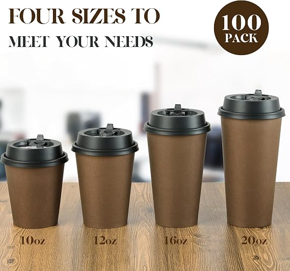 LITOPAK 100 Pack 12 oz Coffee Cups with Lids, Brown Paper Coffee Cups | Set combination, Including cups, lids, suitable for business, offices, schools, stores, home, hot and cold drink