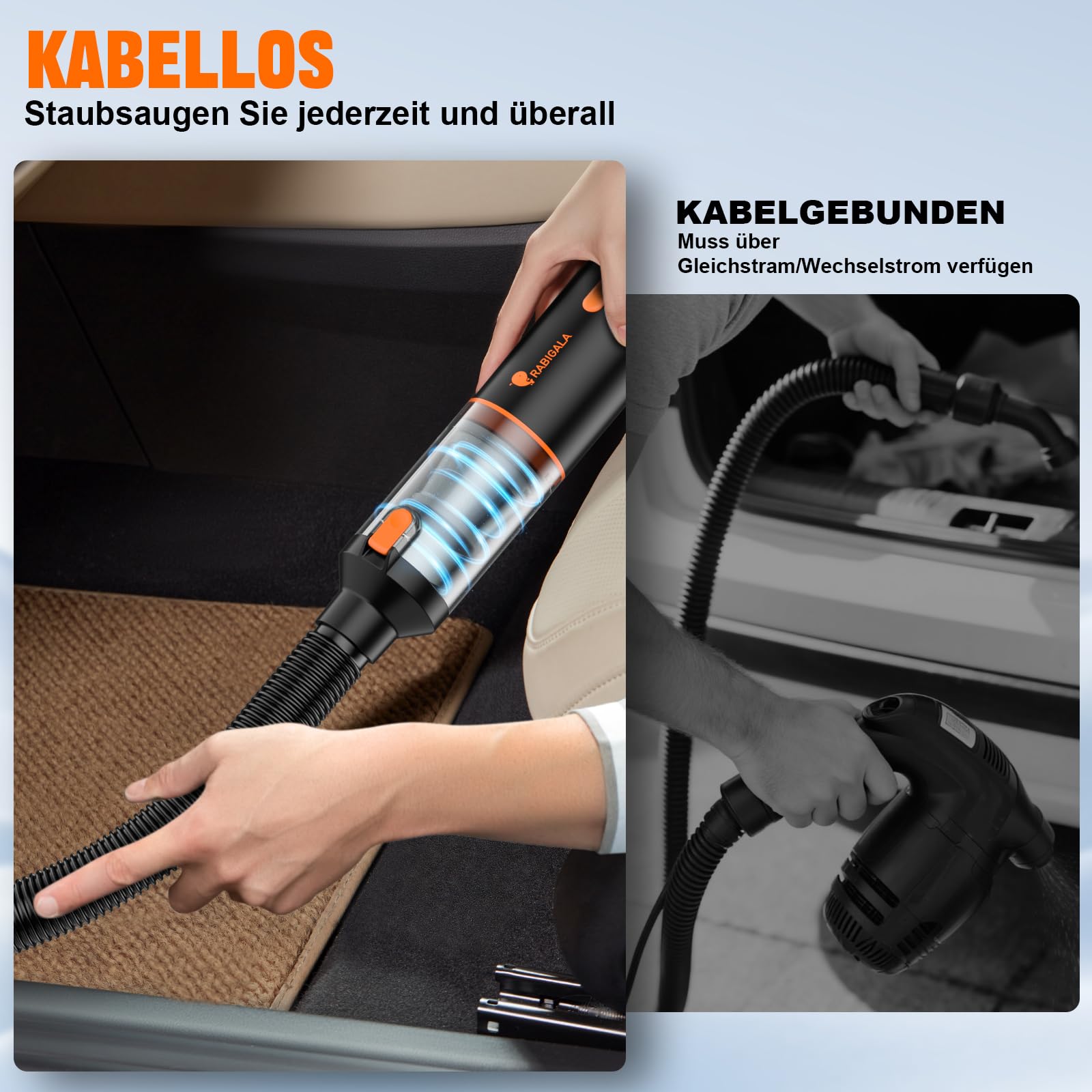 RABIGALA Handstaubsauger Akku 4-in-1, 30000PA Auto Staubsauger Stark mit hoher Leistung, Autostaubsauger Akku Testsieger, 3-Gang 280000 U/min Handstaubsauger Kabellos für Auto, Bürotisch, Tastaturen