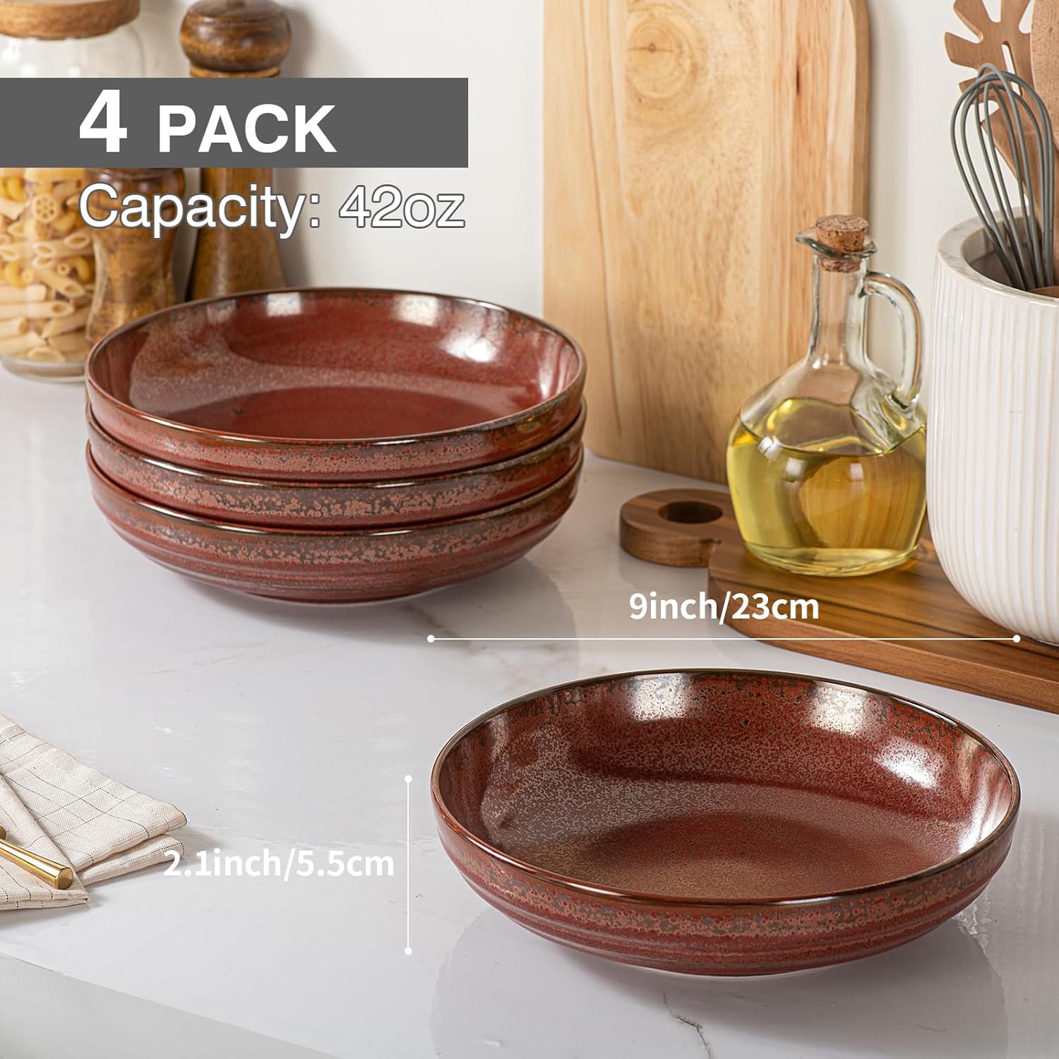 HAPPY KIT 9'' Large Pasta Bowls, 42 Oz, Stoneware Reactive Glaze Salad Bowl Set of 4, Ceramic Serving Bowls for Fruit,Soup,Noodle, Dinner, Scratch Resistant, Rust Red - Image 3