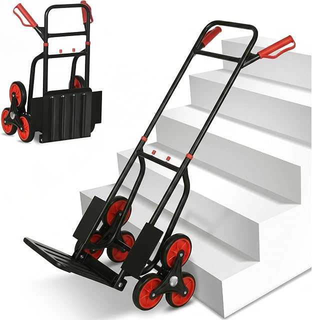DURHAND 6-Wheels Stair Climber Hand Truck, Dolly Heavy Duty Folding Steel Load Cart with Adjustable Telescoping Handle for Moving, Luggage, 264lbs Capacity, Black and Red