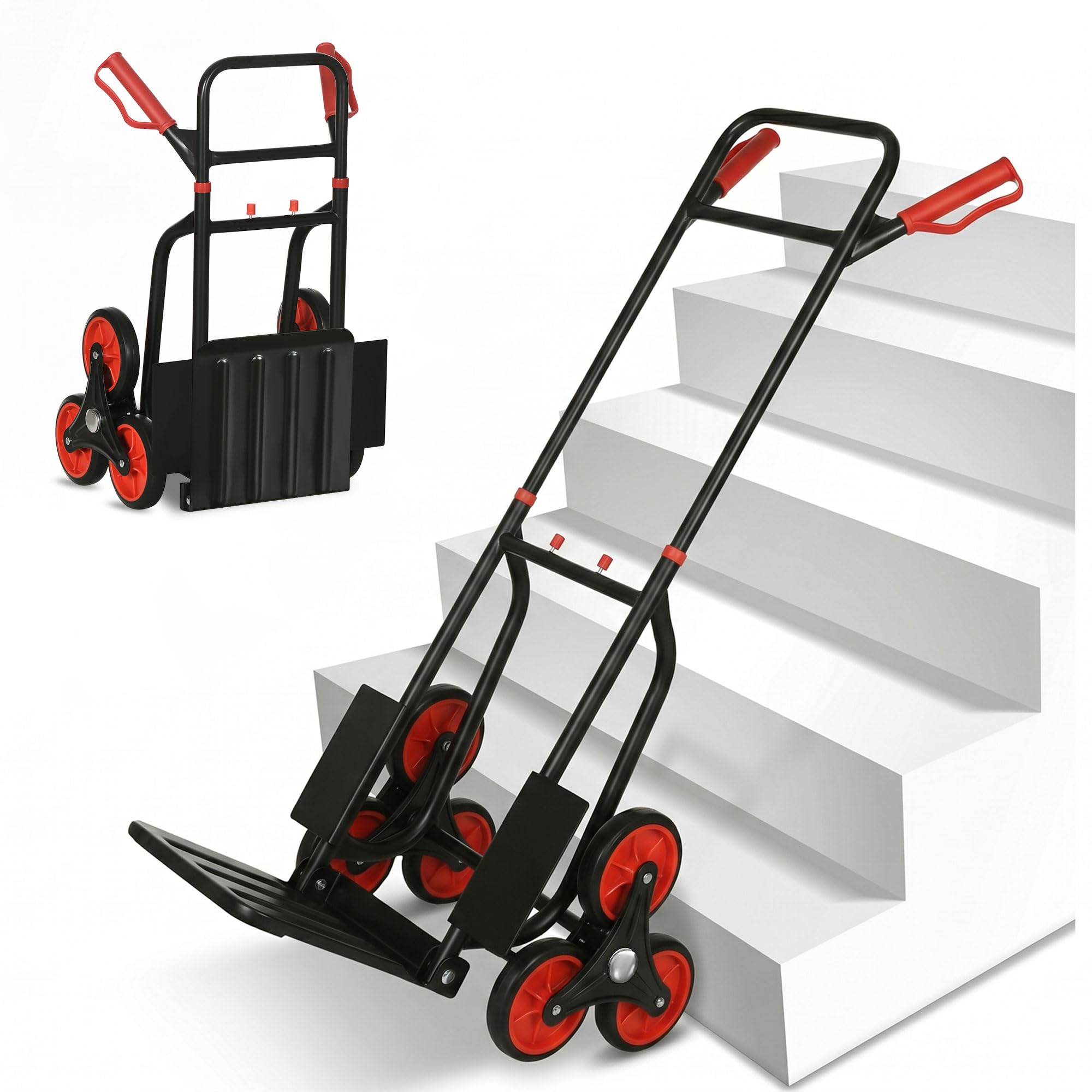 DURHAND Diable d'escalier Pliable 120 kg 6 Roues, Diable demenagement Robuste en Acier avec Cordes télescopiques, Chariot de Transport pour entrepôt, aéroport, Objets volumineux & Lourds, Rouge