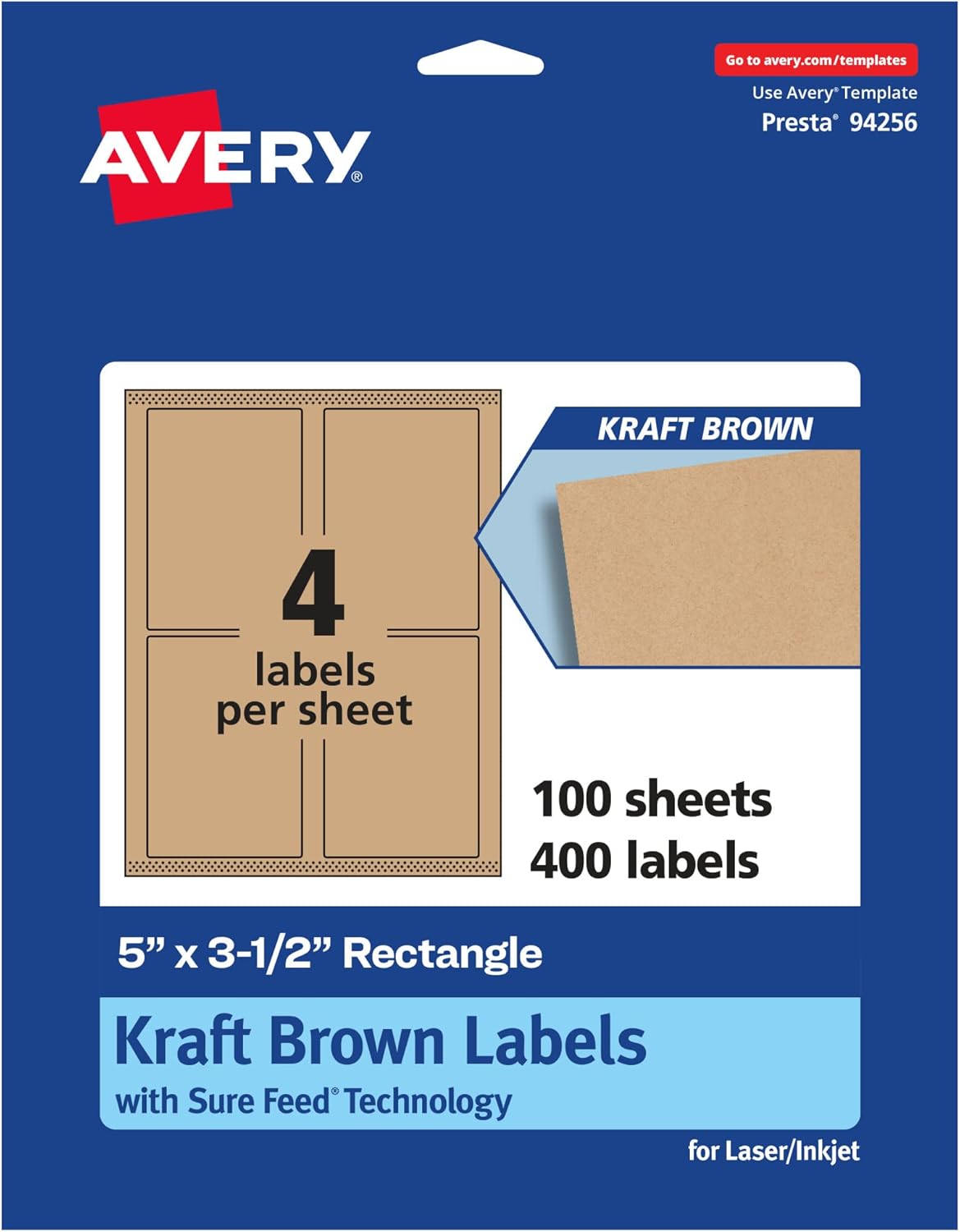 Avery Kraft Brown Rectangle Labels, Sure Feed Technology, 5" x 3.5", 400 Kraft Brown Labels, Laser/Inkjet Printable
