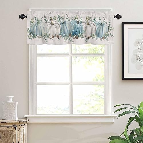 Miniatura 3 de Wohnkutu Cenefas de cortina de otoño de calabazas azules y grises para decoración de tratamiento de ventanas, cenefa corta con bolsillo para barra