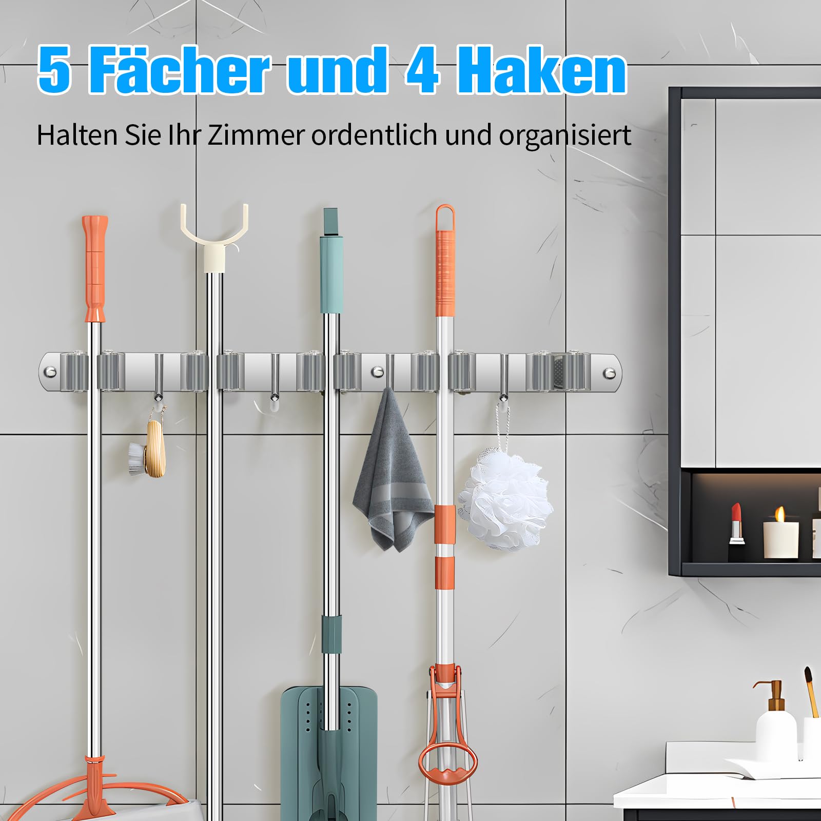 Porta Scope In Acciaio Inox, Appendi Scope con Ganci per Cucina, Bagno, Garage