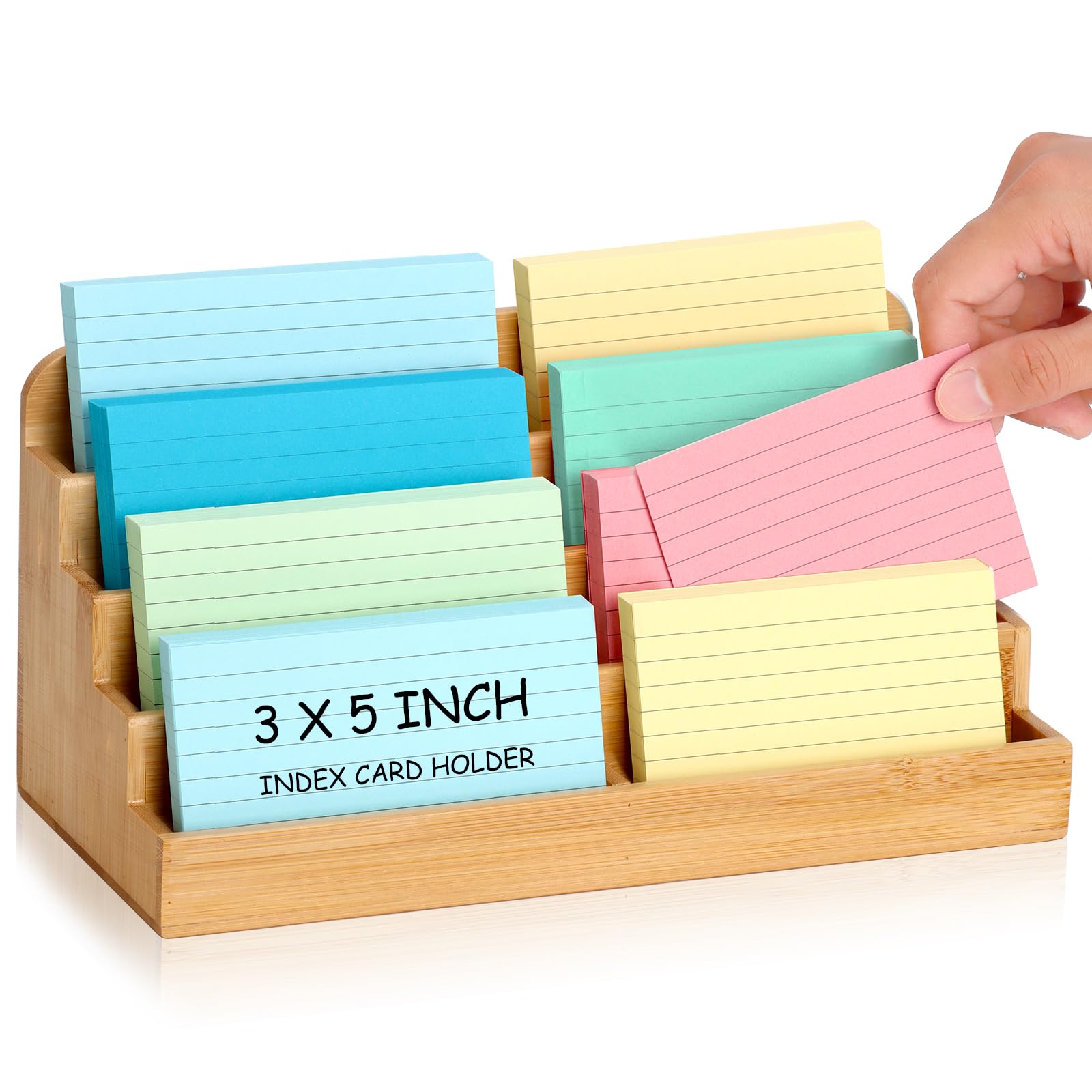Photo 1 of SHIQIKEJIPTY 4 Tier Index Card Display Stand 3x5 Inch Index Card Organizer Wood Sticky Note Holder Business Card Display Stand 8 Pockets for Desktop 600 Sheets Capacity for Office Business Table