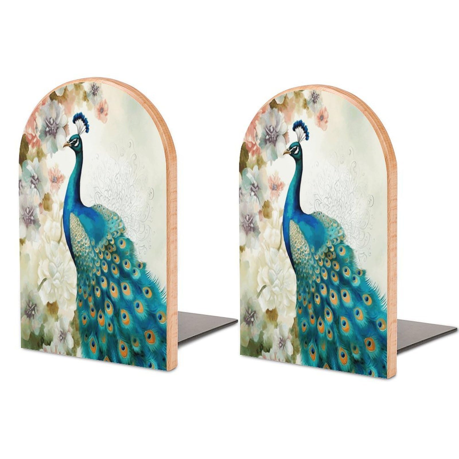 Beautiful Peacock and Floral Bookends 1 Pair Heavy Duty Book Ends for Shelves Non-Skid Bookend Supports Wooden Book Holders with Metal Base Desk Organizers Books Storage to Hold Books