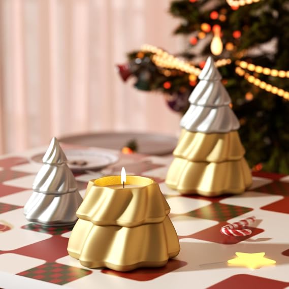 BOOWAN Nicole Stacking Christmas Tree Stackable Candle Vessels with Lid Silicone Molds, Modular Christmas Tree Candle Jar Silicone Moulds for Jesmonite Concrete Cement Gifts for Christmas