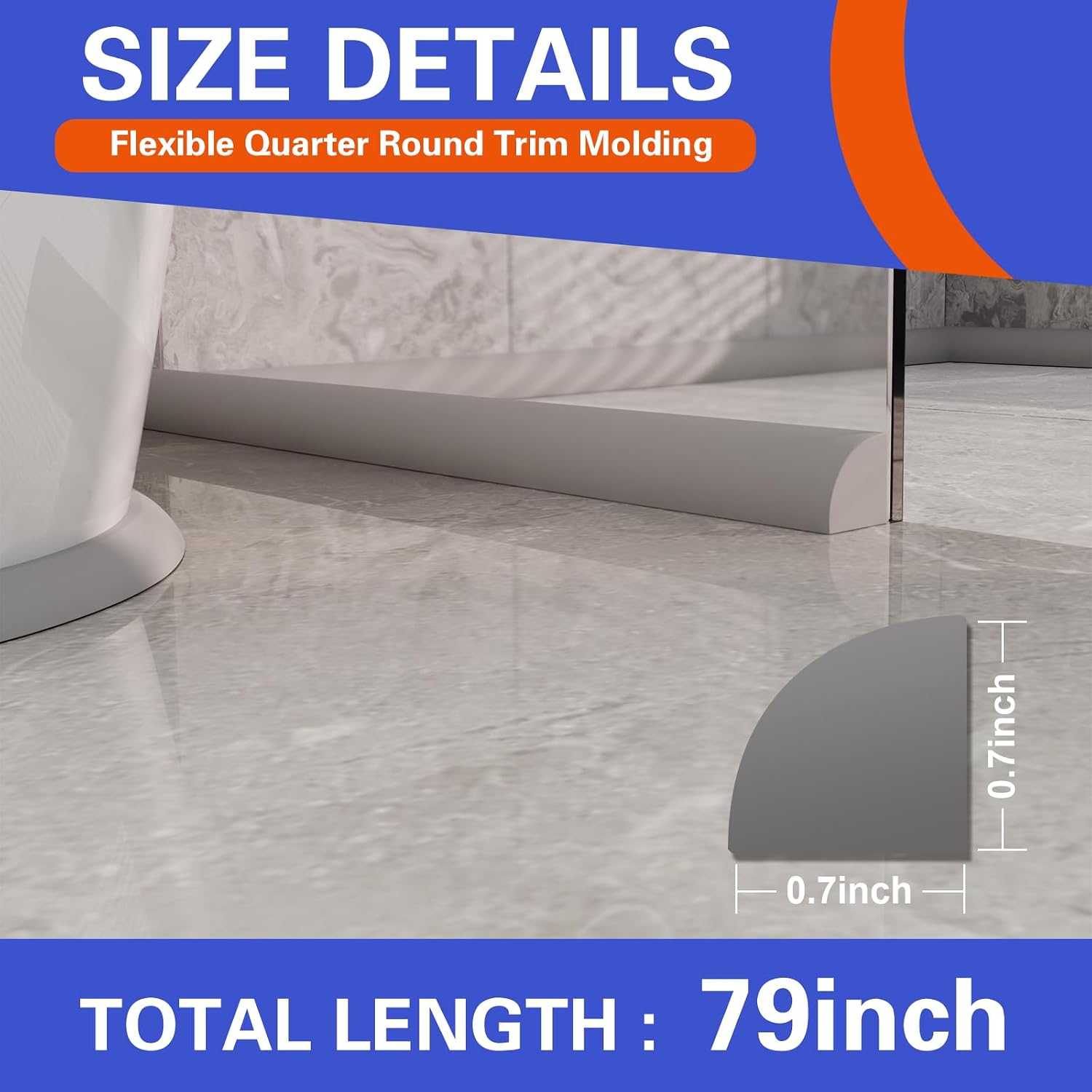 Flexible Quarter Round Molding, Peel and Stick, Corner Molding Trim, Waterproof Rubber Edge Molding Quadrilateral Trim for Wall Corner Countertops, 0.7×0.7 (Gray, 79Inch)