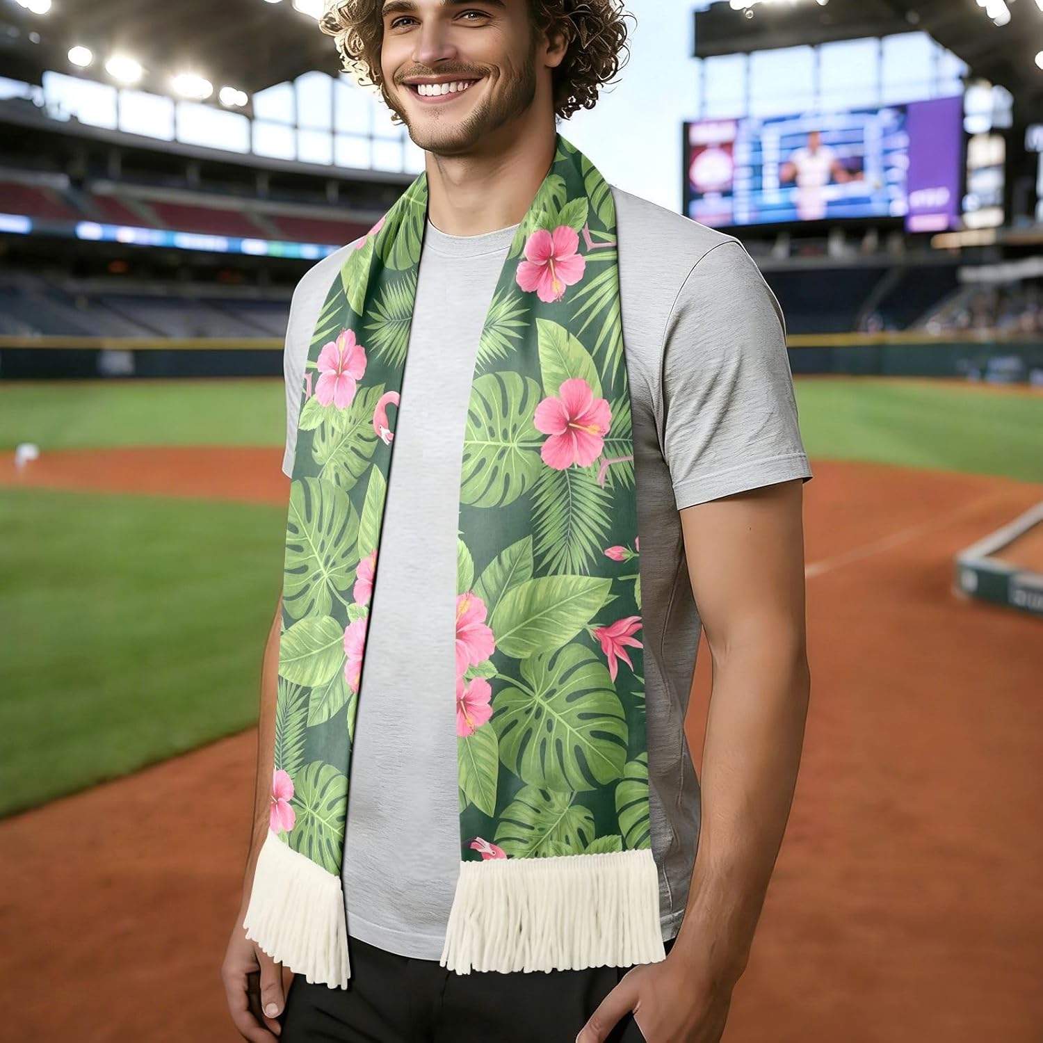 CHIFIGNO Tropical Flamingo Green Dark Sports Fan Scarf Towel, 100% Polyester Quick Dry Cheering Scarf for Soccer Games, Soft Absorbent with Fringe Ends