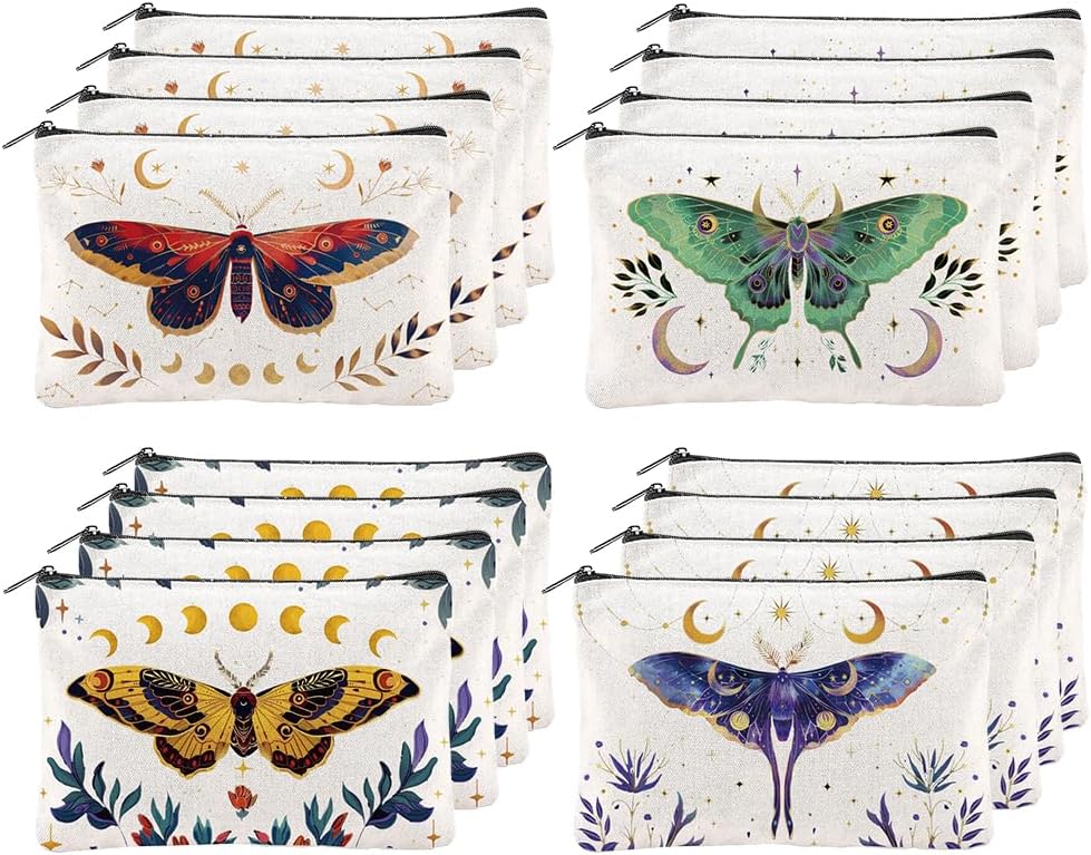 16Pcs Butterfly Makeup Bag Canvas Cosmetic Bag Insects Zipper Cosmetic Bag 5.9x9.06 Inch Polyester Travel Toiletry Pouch for Women Party Shopping Home Travel