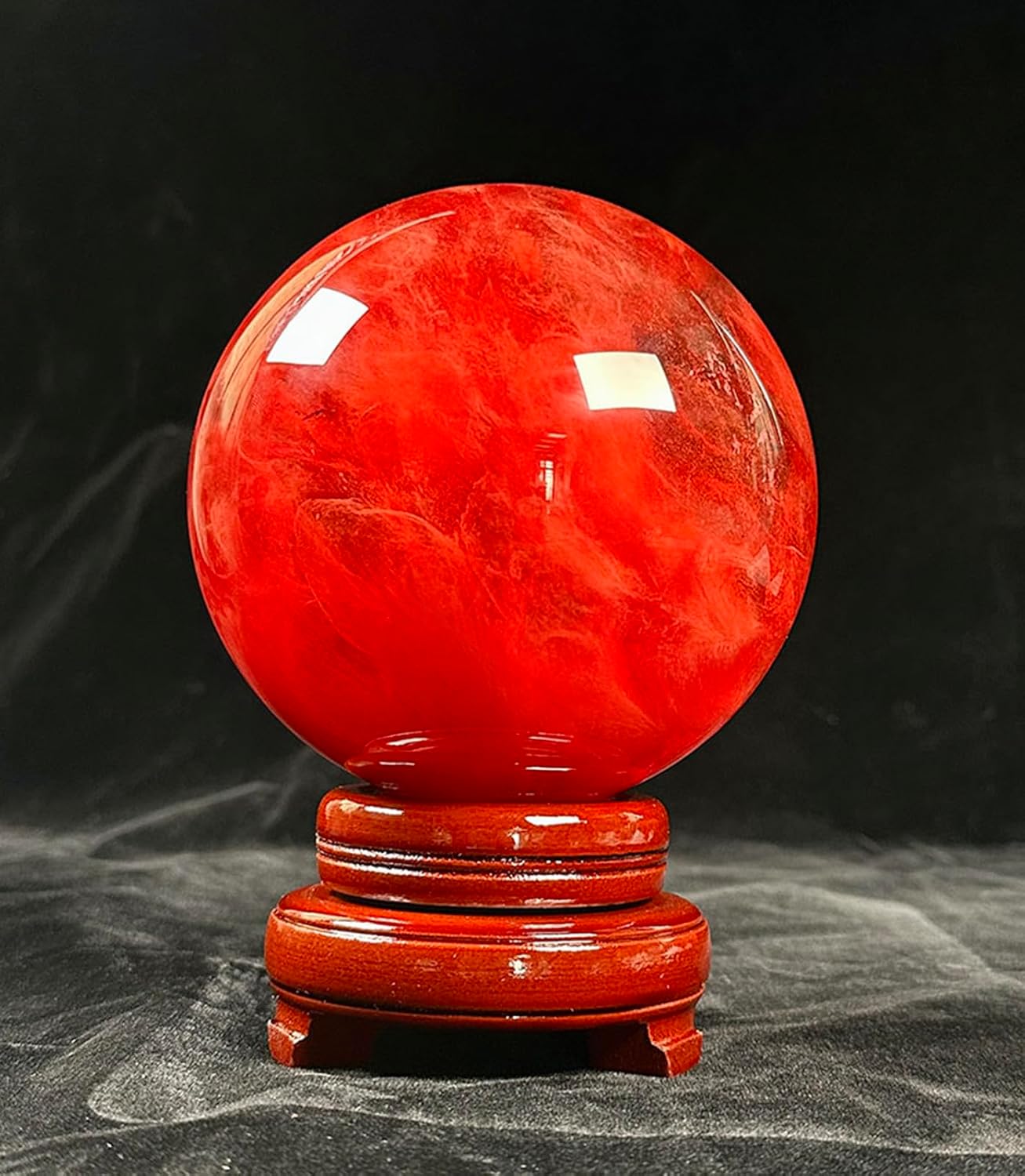 Red Crystal Ball with Stand, Melting Quartz Polished Divination Ball,Feng Shui Wealth Stone,Fortune Gemstone Sphere for,Home Decoration,10cm/3.9in