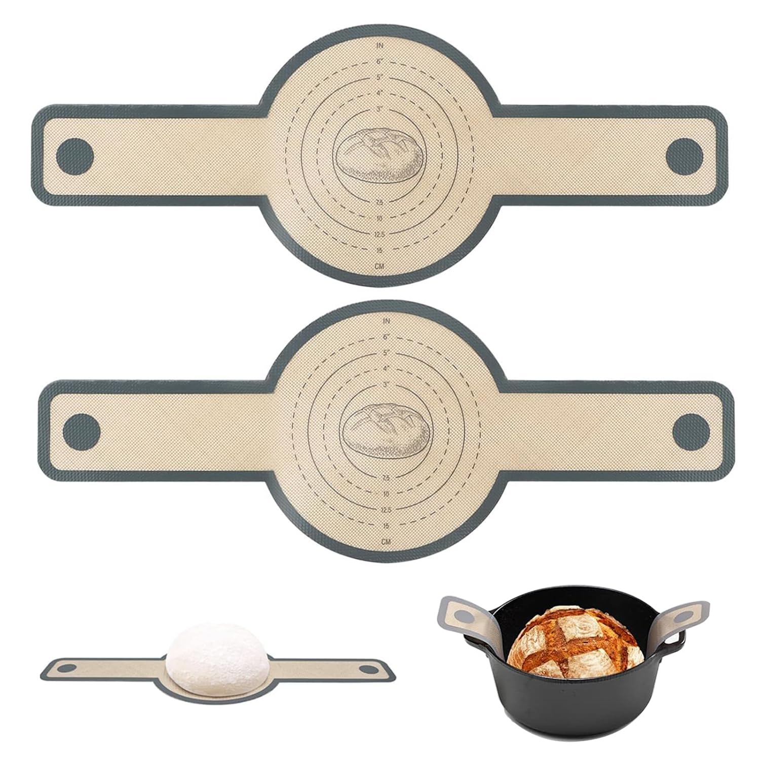 Silicone Bread Sling for Dutch Oven - Non-Stick Reusable Baking Mat Set with Heat-Resistant Handles, Eco-Friendly Sourdough Baking Supplies (2 Round)