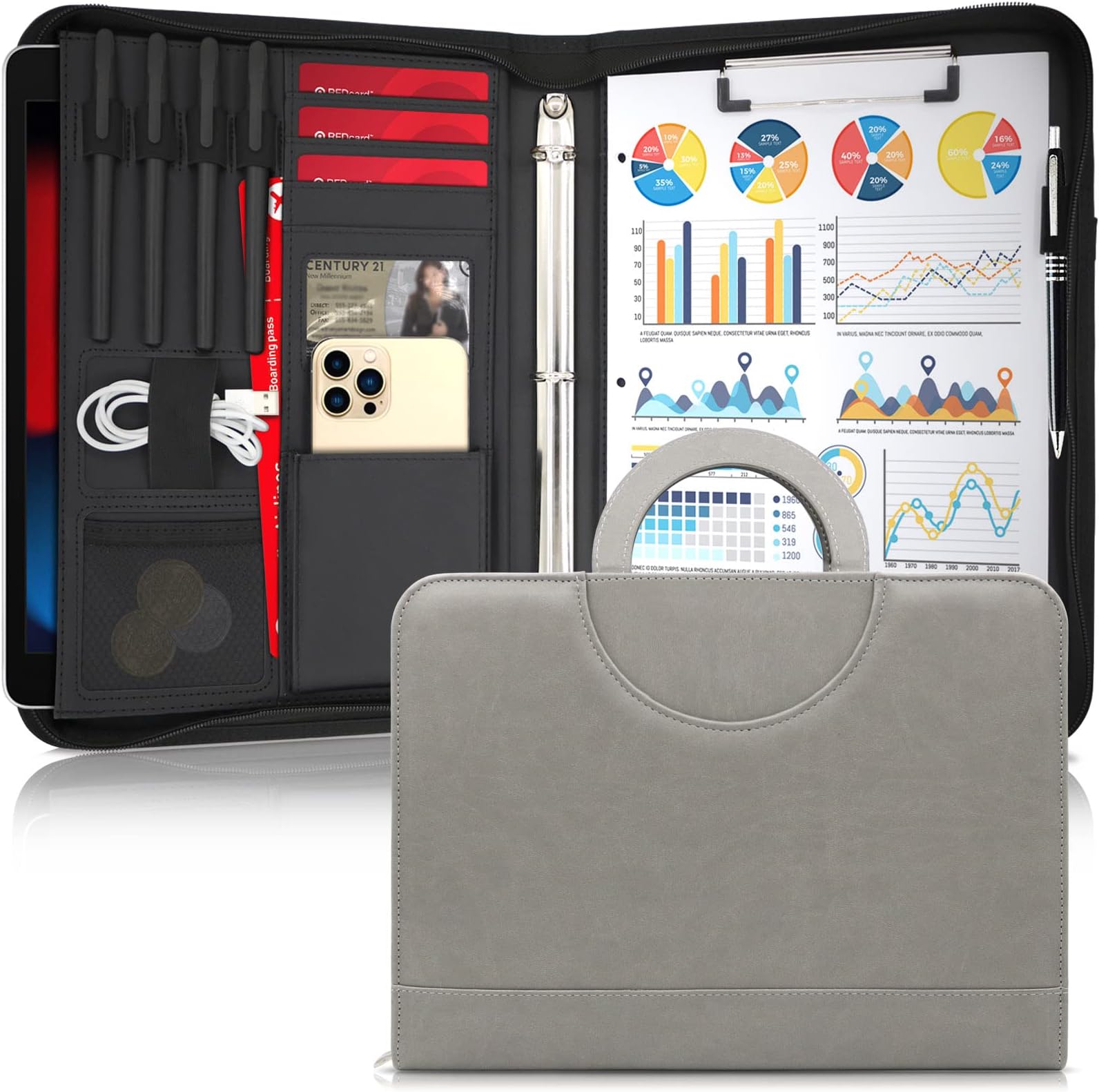 Portfolio Binder Organizer with Handle, 13.4 * 10 * 1.6 Inch Zippered Padfolio, Writing Pad Notepad Legal Size Detachable Business Folder Resume Interview Gift for Men Women (Gray)
