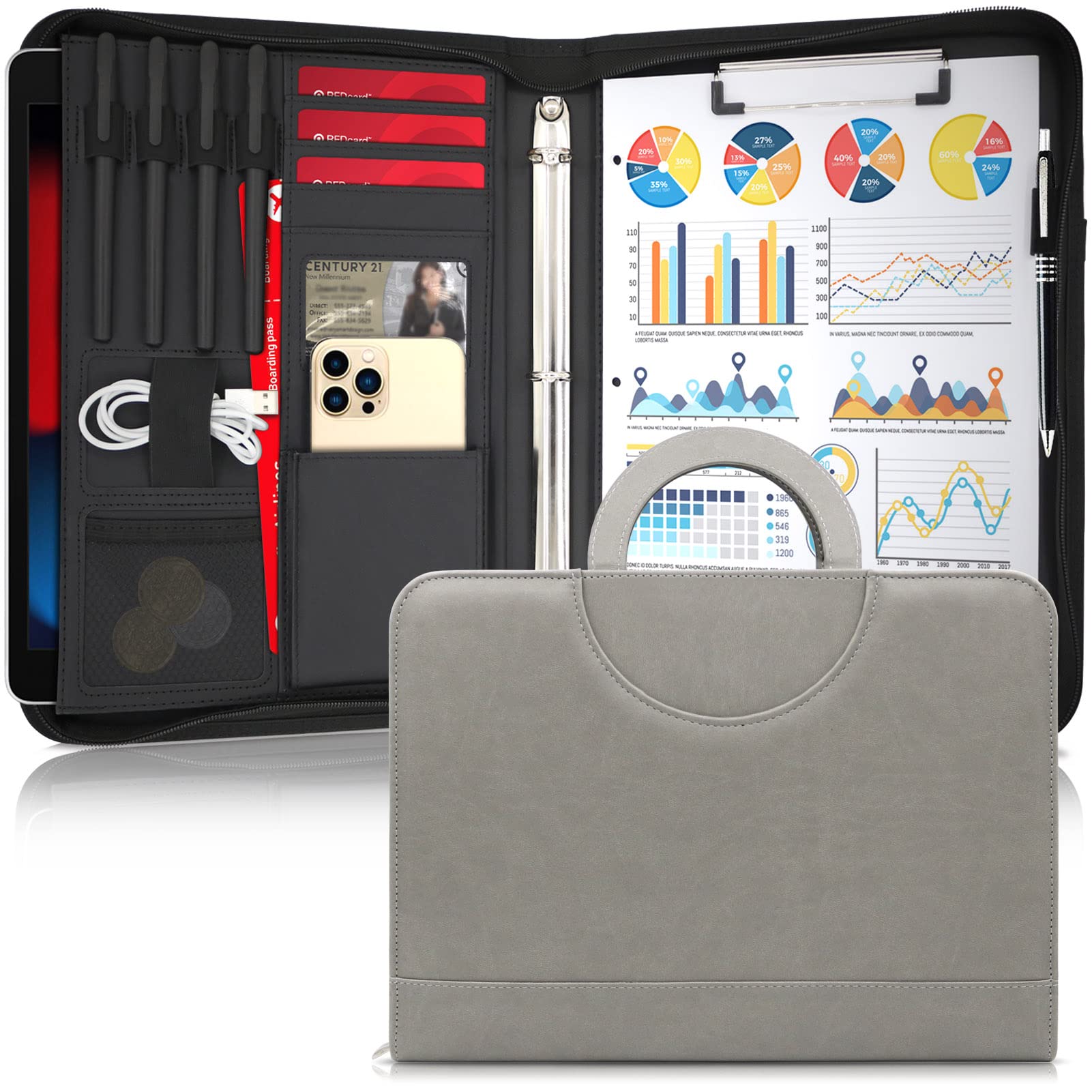 Portfolio Binder Organizer with Handle, 13.4 * 10 * 1.6 Inch Zippered Padfolio, Writing Pad Notepad Legal Size Detachable Business Folder Resume Interview Gift for Men Women (Gray)