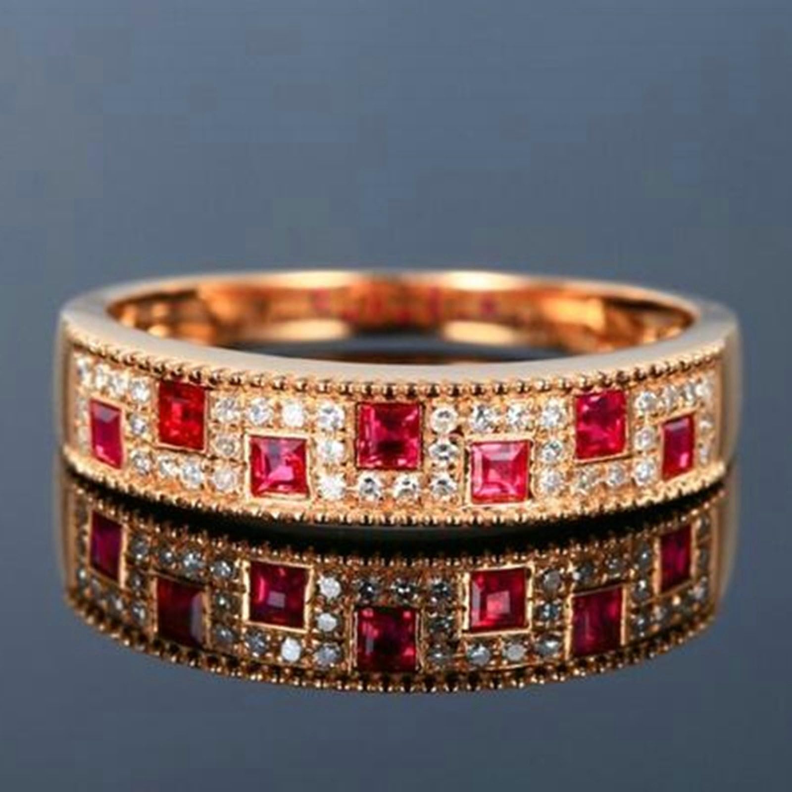 Pierścionki z różowego złota 14K dla kobiet, pierścionek zaręczynowy elegancki czerwony rząd rubinowy syntetyczny 0,37ct i moissanit pierścionek dla dziewczyny, panny młodej różowe złoto