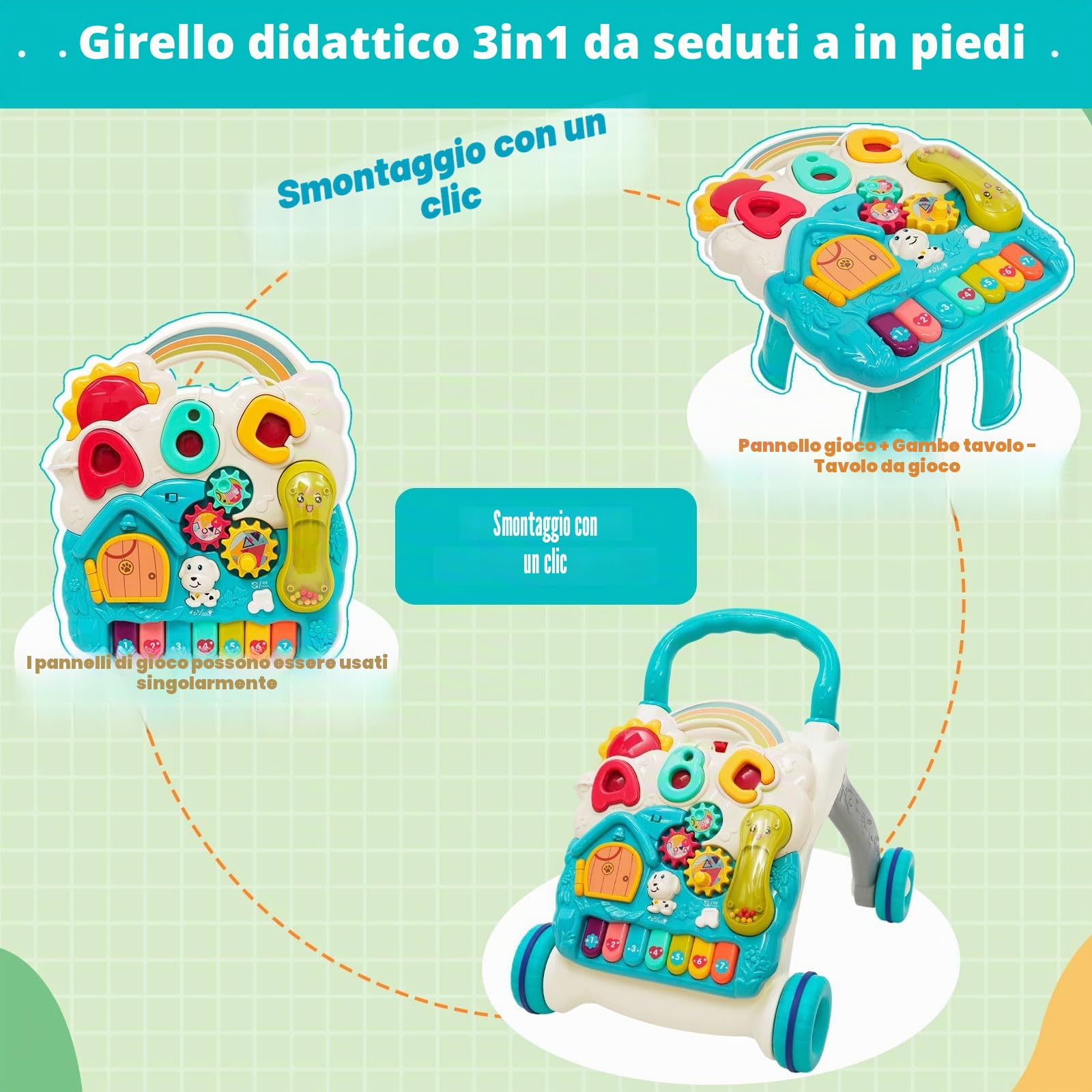 Primi Passi per Bambini, 3 in 1 Girello per Bambini, Piastra da Gioco Rimovibile, Centro di Attività Educativa Precoce, Girello Bambino per Imparare a Camminare, Giocattolo per Bambini 12+ Mesi