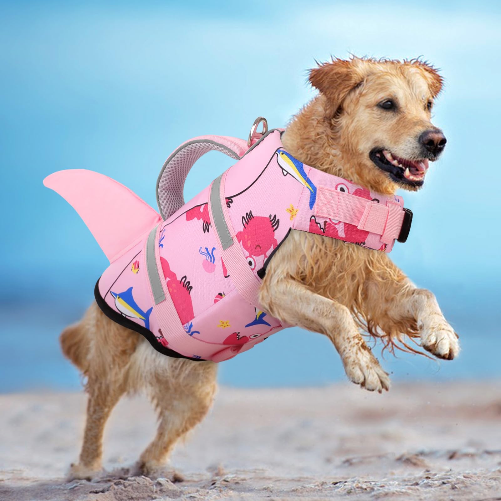 AOFITEE Hundeschwimmweste Große Hunde, Verstellbar & Ripstop Hunde Schwimmweste Hai mit Rettungsgrif und Reflektierend, Hoher Schwimmfähigkeit Rettungsweste Hund Schwimmweste Labrador, Pink, L