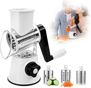 Crank Cheese Iron, Manual Vegetable Grater, Mandolin Vegetable Razor with 3 Replaceable Stainless Steel Drum Blades, Versatile Vegetable Slicer Perfect for Cheese, Cucumbers, Carrots, Nuts (White)