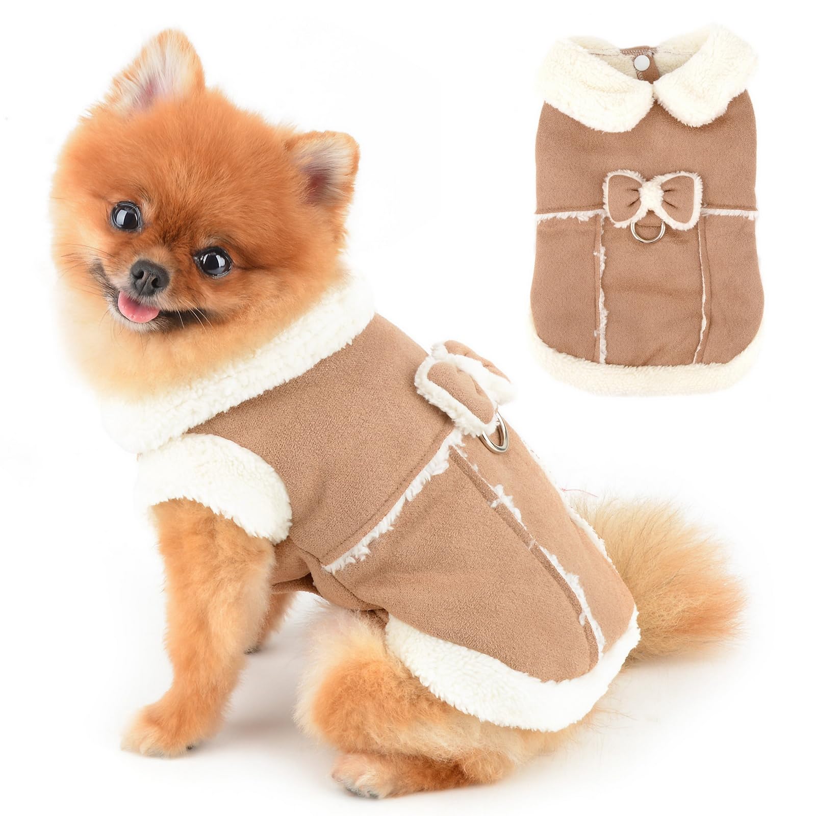 PAIDEFUL Sherpa Small Dog Coat Soft Windproof Doggie Jacket with Cute Bow Warm Fall Winter Puppy Vest Fleece Lined Chihuahua Clothes Cat Apparel D-ring,Khaki,XL