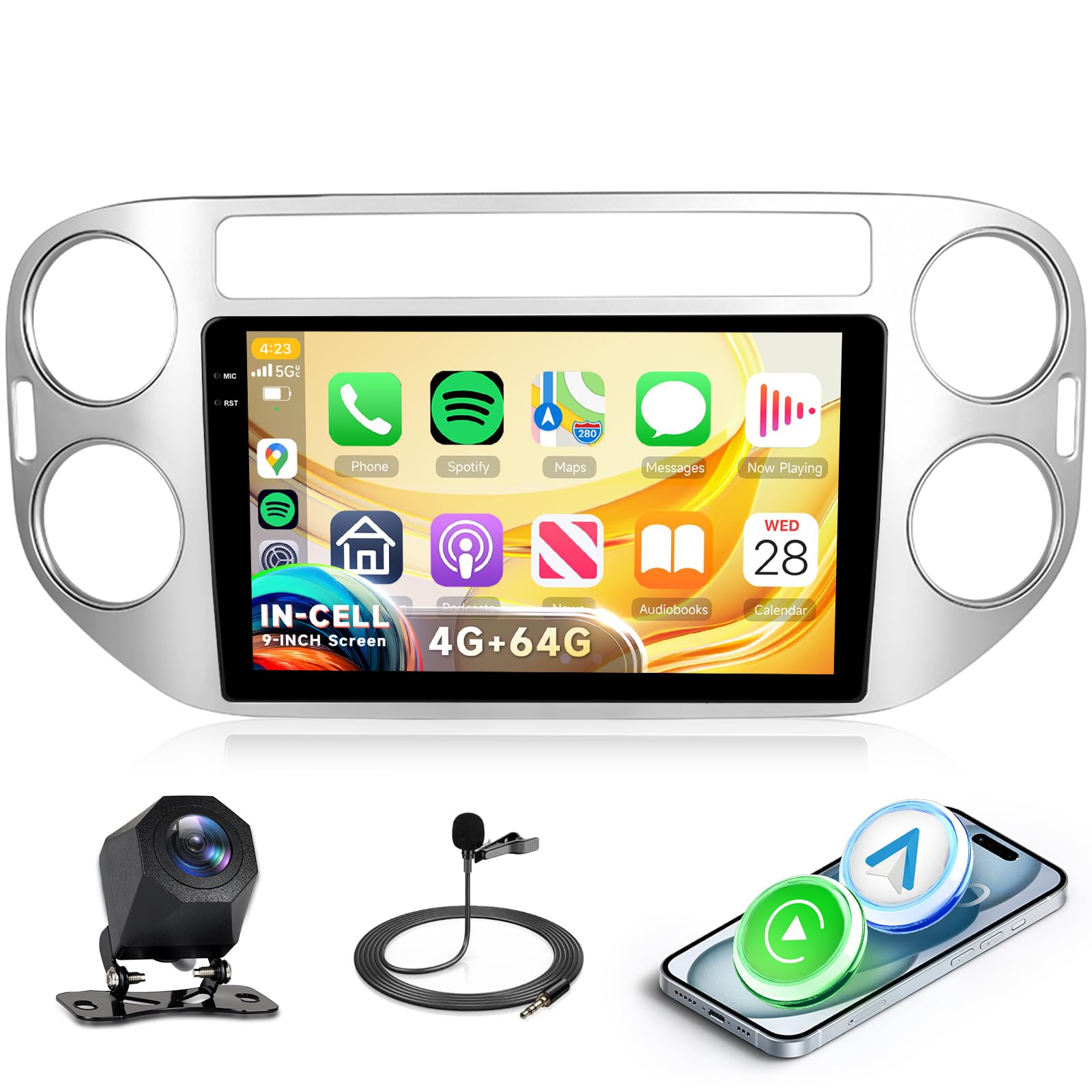 4G+64G Rimoody Android Autoradio per VW Tiguan 2010-2015 9" Schermo IN-CELL Stereo Auto con Wireless Carplay Android Auto Navi GPS Mirror Link Bluetooth WiFi/FM/RDS/EQ/SWC/USB Telecamera Posteriore